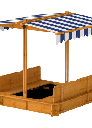 Wooden Kids Sandbox with Cover, Children Outdoor Sand Box with Foldable Bench Seats and Adjustable Canopy, Brown