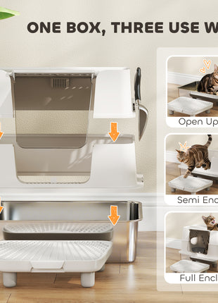 XL Stainless Steel Litter Box w/ 100° Flip Top, Scoop, Step, Top & Side Entry Enclosed Litter Box for Big Cats