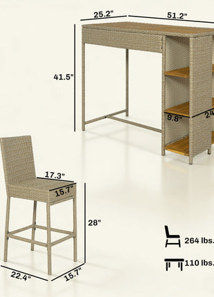 5 Piece Wicker Outdoor Bar Set, Acacia Wood Outdoor High Top Table and Chairs with 3 Tier Shelves, Cushions, Brown