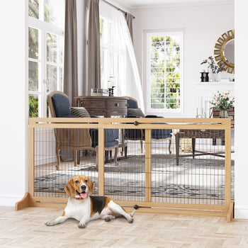 71" W x 27" H Extra Wide Freestanding Pet Gate with Adjustable Length Dog, Cat, Barrier for House, Doorway, Hallway, Natural