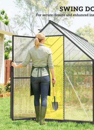 Polycarbonate Greenhouse with Swing Door and Two Adjustable Roof Vents, Aluminum Walk-in Greenhouse, 11x6 ft, Black