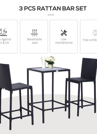 3 PCS Rattan Bar Set with Glass Top Table, 2 Bar Stools for Outdoor, Patio, Garden, Poolside, Backyard