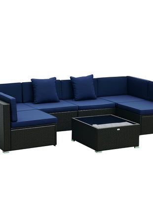 7 Piece Patio Furniture Set, Wicker Outdoor Sectional Sofa Set, All Weather PE Rattan Outdoor Furniture Conversation Sets with Cushions, Glass Top Coffee Table, Pillows, Dark Blue