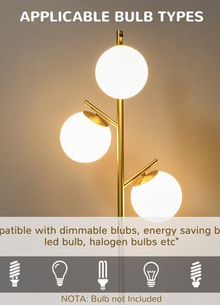 Modern 3-Light Floor Lamp for Living Room, Tree Standing Lamp with Globe Lampshades, 10.75"x10.75"x66.5", Gold