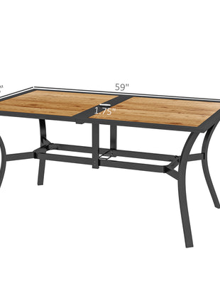 Rectangular Patio Table with Umbrella Hole, Faux Wood Rectangle Outdoor Dining Table for 6 People for Garden, Brown