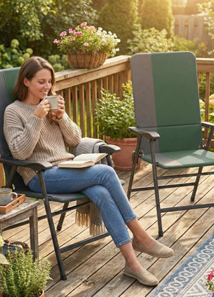 Folding Patio Chairs Set of 2, Padded High Back Lawn Camping Chairs with Armrests, 600D Oxford Fabric, Dark Green