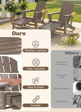 Folding Adirondack Chair Set of 2, HDPE Fire Pit Chair with Retractable Ottoman and Cup Holder, Brown