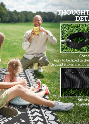 Reversible Outdoor Rug, Waterproof Plastic Straw with Carry Bag, 9' x 18', Black & White Rhombus Patchwork