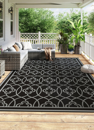 Reversible Outdoor Rug, Waterproof Plastic Straw with Carry Bag, 9' x 18', Black & Gray Lantern