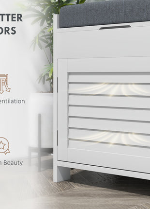 Shoe Storage Bench, Modern Entryway Bench with Cushion, Hidden Compartments, Adjustable Shelves, Shutter Doors, White