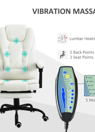 7-Point Vibrating Massage Office Chair High Back Executive Recliner with Lumbar Support, Footrest, Reclining Back, Adjustable Height, White