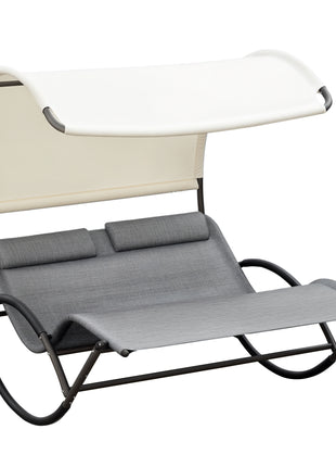 Outdoor Double Chaise Rocking Chair, Day Bed Sun Lounger with Canopy Shade, Headrest Pillow, Armrests for Garden, Poolside, Light Gray