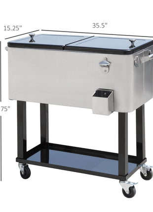 80 QT Rolling Cooling Bins Ice Chest on Wheels Outdoor Stand Up Drink Cooler Cart for Party, Silver