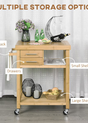 Bamboo Kitchen Island Cart on Wheels, Utility Trolley Cart with 2 Storage Drawers and Open Shelves, Bamboo Tone