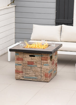 32 Inch Outdoor Propane Gas Fire Pit Table, 50,000 BTU Auto-Ignition Square Faux Ledge Stone Gas Firepit with Lava Rocks and Rain Cover, CSA Certification, Brown