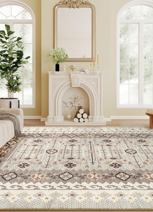 Machine Washable Area Rug 8x10, Non-Slip Boho Flannel Print Floor Carpet for Living Room, Bedroom, Dining Room, Brown