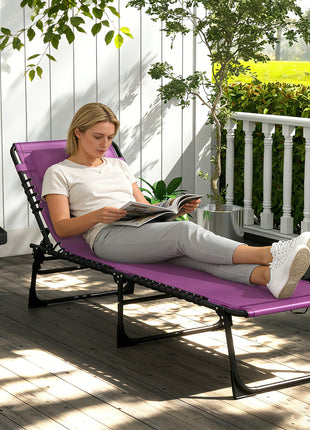 Folding Chaise Lounge Pool Chair with 4-Position Reclining Back, Pillow, Breathable Mesh & Bungee Seat, Purple