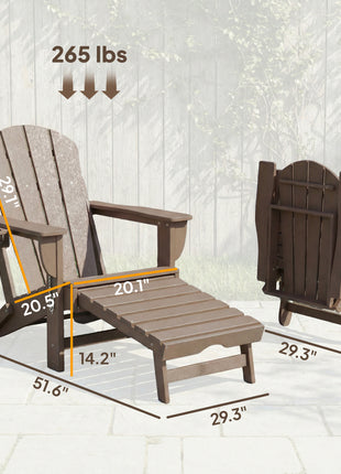 Folding Adirondack Chair Set of 2, HDPE Fire Pit Chair with Retractable Ottoman and Cup Holder, Brown