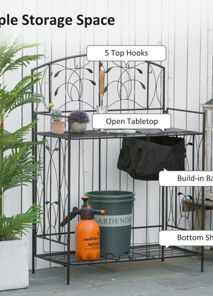 Folding Potting Bench Table, Metal Garden Workstation, Work Bench with Large Built-in Bag with Cover, 5 Hanging Hooks & Storage Shelf, Leaf Pattern