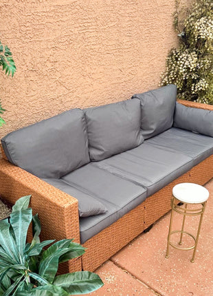 Patio Couch PE Wicker Deep Seating Outdoor Sofa with Removable Cushions, 3 Seater Rattan Sofa, Outdoor Furniture for Balcony, Deck, Garden and Poolside, Sand