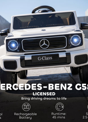 Licensed Mercedes-Benz G580 12V Kids Ride On Car with Remote, Soft Start, Headlights, Seat Belt, Music, USB, Horn, White