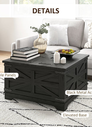 Farmhouse Coffee Table, Square Center Table with Flip-top Lids, Hidden Storage Compartment, Distressed Black