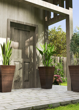 Set of 3 Tall Planters, 28" Outdoor Planter w/ Drainage Holes, Faux Wood Plastic Flower Pots, Brown
