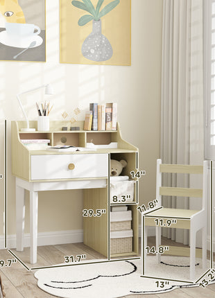 Kids Desk and Chair Set with Storage Shelves, Drawer for 3-10 Years, White