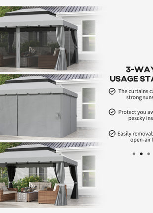 10' x 13' Patio Gazebo w/ Aluminum Frame Double Roof, Outdoor Gazebo Canopy Shelter with Netting & Curtains, Gray