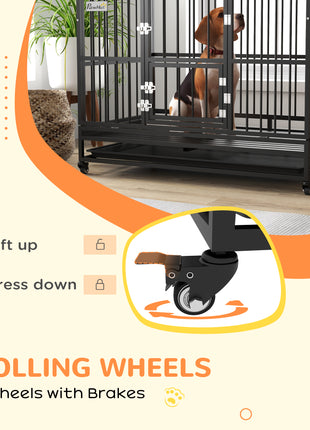 48" Heavy Duty Dog Crate with 4 Lockable Wheels, Double Doors, and Removable Tray, for XL and L Dogs