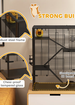 4 Tier Hamster Cage with Deep Tempered Glass Bottom, Running Wheel, Hut, Water Bottle, Food Dish, 24" x 16" x 31.5"
