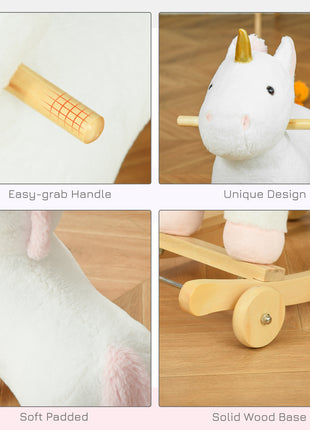 2 in 1 Kids Rocking Horse, Rolling Unicorn with Sound, Wooden Base, Pedal, Grip Handle, for 3-6 Years Old, White