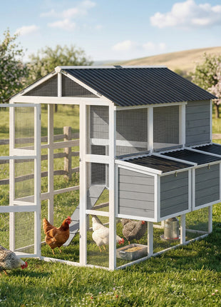 77" Large Chicken Coop for 6-8 Chickens, Outdoor Wooden Hen House Poultry Cage with Run, Nesting Boxes, Waterproof Roof