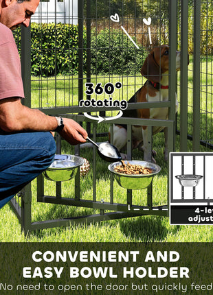 Welded Wire Outdoor Dog Kennel with 360° Rotating & 4 Levels Adjustable Bowls, Waterproof Cover, 3.9' x 3.9' x 6'