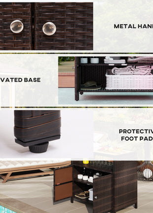 Outdoor Storage Cabinet with Acacia Wood Top, Two Doors, Shelf, Wicker Bar Table for Pool Towel Storage, Brown