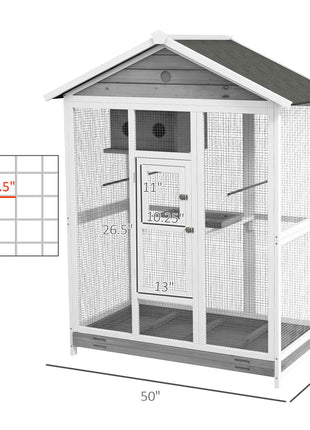 64.5" Wooden Bird Cage Aviary, Flight Cage with 4 Perches, Nest and Slide-Out Tray for Indoor/Outdoor, Gray