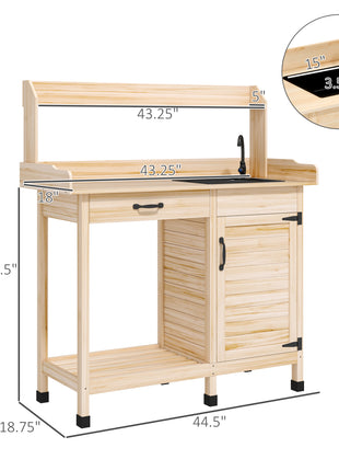 Potting Bench Table with Removable Sink, Outdoor Work Bench Table with Storage Cabinet, Hooks, Faucet and Drawer for Greenhouse, Garden, Patio, Natural Wood