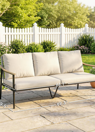 3 Seater Outdoor Patio Sofa, Outdoor Couch with Wood-Effect Armrests, Wicker Backrest, Cushions for Garden Yard, Khaki