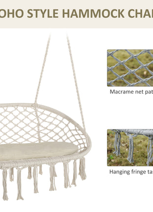 2-Person Hammock Chair Macrame Swing with Soft Cushion, Hanging Cotton Rope Chair for Indoor Outdoor Home Patio Backyard, White