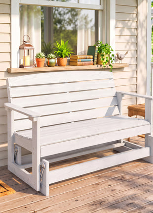Patio Glider Bench w/ HDPE Slatted Double Rocking Chair, Distressed White