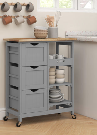 Rolling Kitchen Cart, Kitchen Island with Wood Top, Shelves & Drawers for Dining Area, Gray