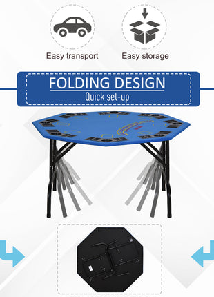 Poker Table Foldable, 47" Octagon Blackjack Poker Game Table for 8 Players with Cup Holders and Chips Tray, Blue Felt