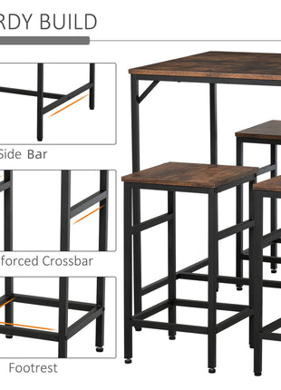 5-Piece Industrial Dining Table Set, Bar Table & 4 Stools Set, Space Saving for Pub & Kitchen, Rustic Brown/Black
