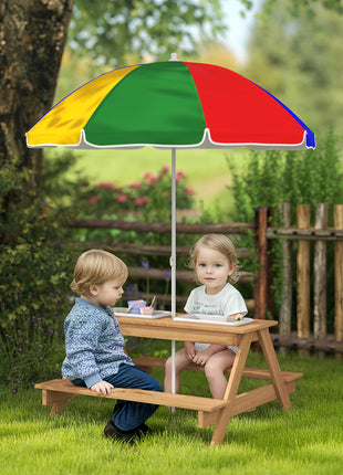 Wooden Outdoor Kids Picnic Table with Removable Umbrella, Children Sand and Water Activity Table for Patio, Mixed Color