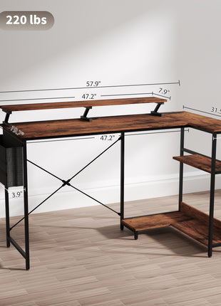 58" Reversible L Shaped Computer Desk, Corner Desk with Monitor Stand, Power Outlets and LED Lights, Rustic Brown