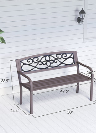 50" Outdoor Bench, Metal Garden Bench with Floral Pattern Backrest, Porch Bench with Slatted Seat for Park, Yard, Lawn, Brown