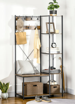 Industrial Hall Tree with Side Storage Shelves, Entryway Bench with Coat Rack, Freestanding Coat Tree with Shoe Storage and Hooks, Rustic Brown