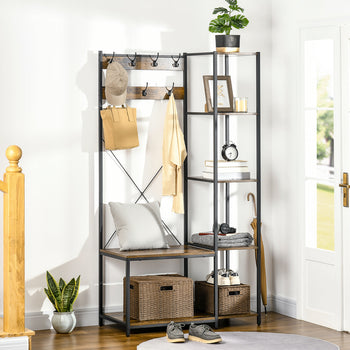 Industrial Hall Tree with Side Storage Shelves, Entryway Bench with Coat Rack, Freestanding Coat Tree with Shoe Storage and Hooks, Rustic Brown