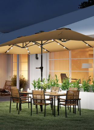 13ft Double-Sided Market Umbrella, Large Patio Umbrella with Solar Lights, Crank Handle for Garden, Pool, Yard, Khaki