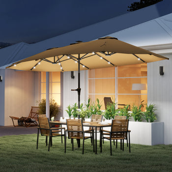 13ft Double-Sided Market Umbrella, Large Patio Umbrella with Solar Lights, Crank Handle for Garden, Pool, Yard, Khaki
